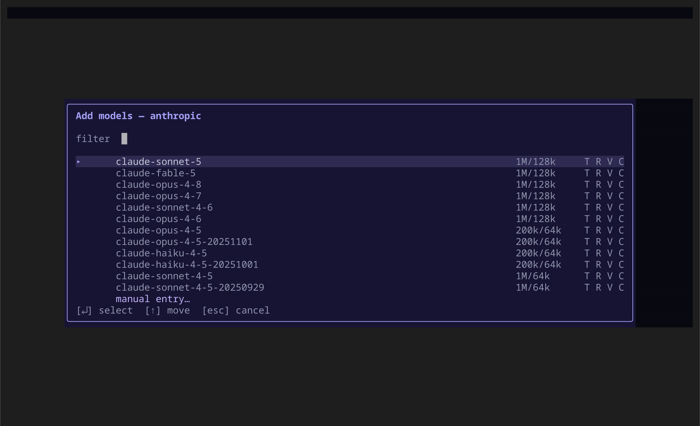 Add models dialog for the Anthropic provider with model IDs and published capabilities