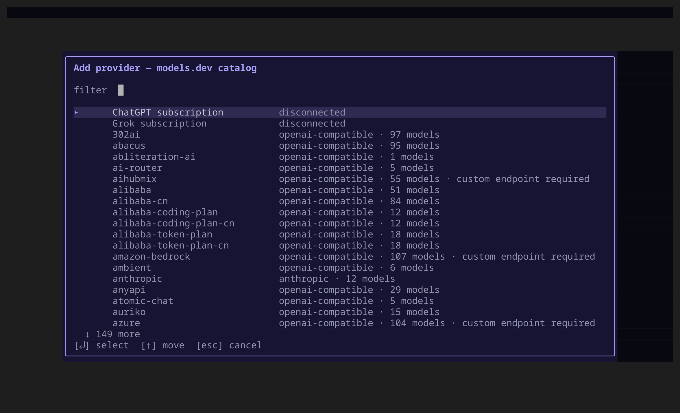 Add provider dialog showing subscription choices and the searchable models.dev provider catalog