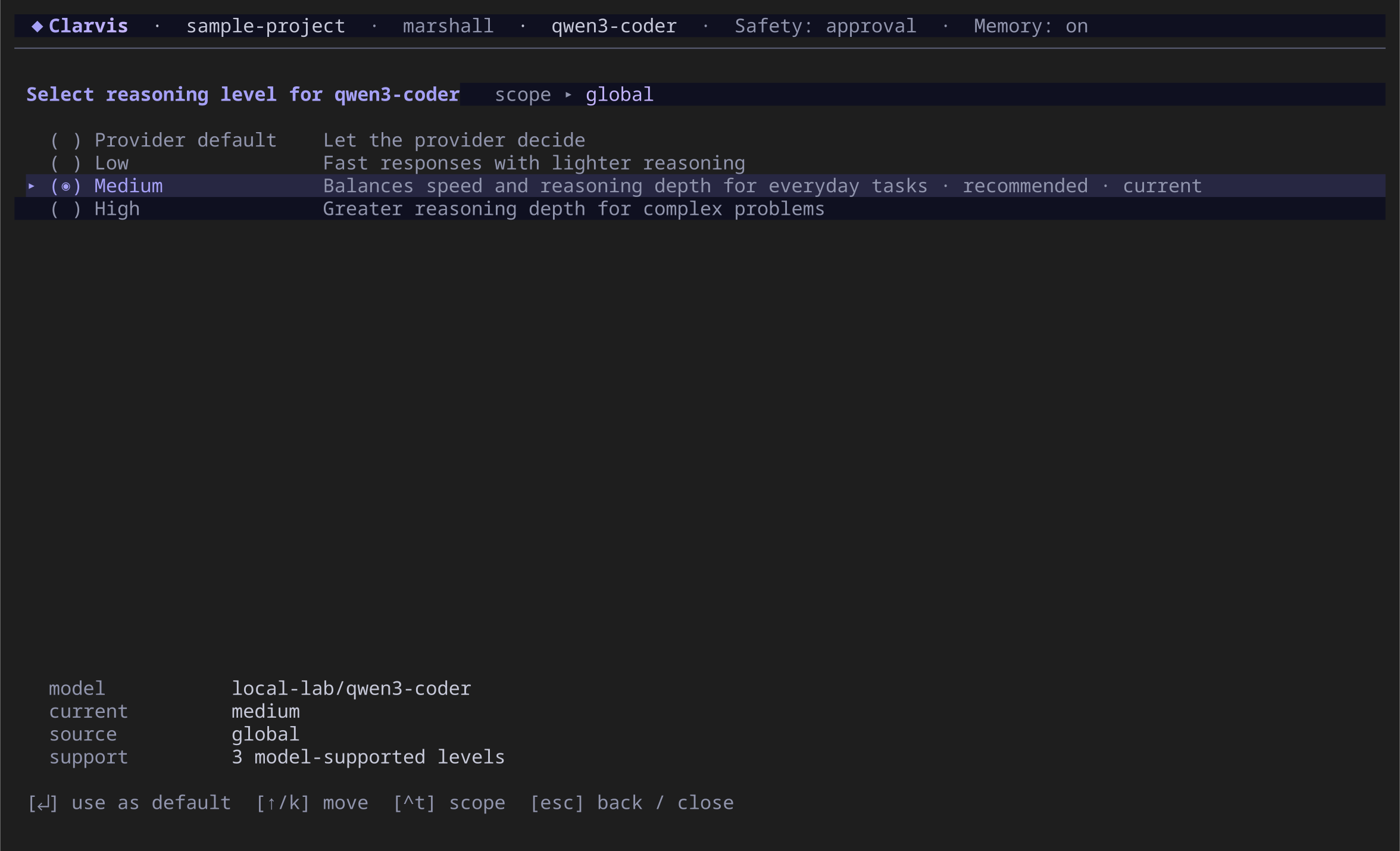 Reasoning effort screen showing provider default, low, medium, and high choices for qwen3-coder