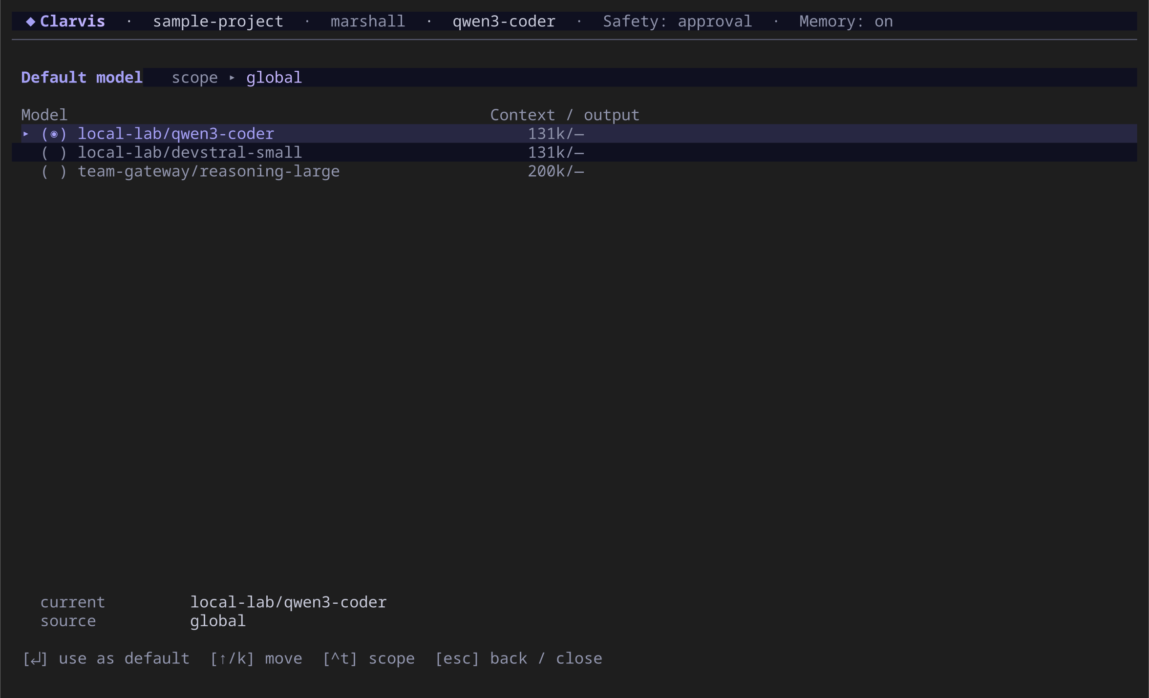 Default model screen showing three configured models and the current global choice