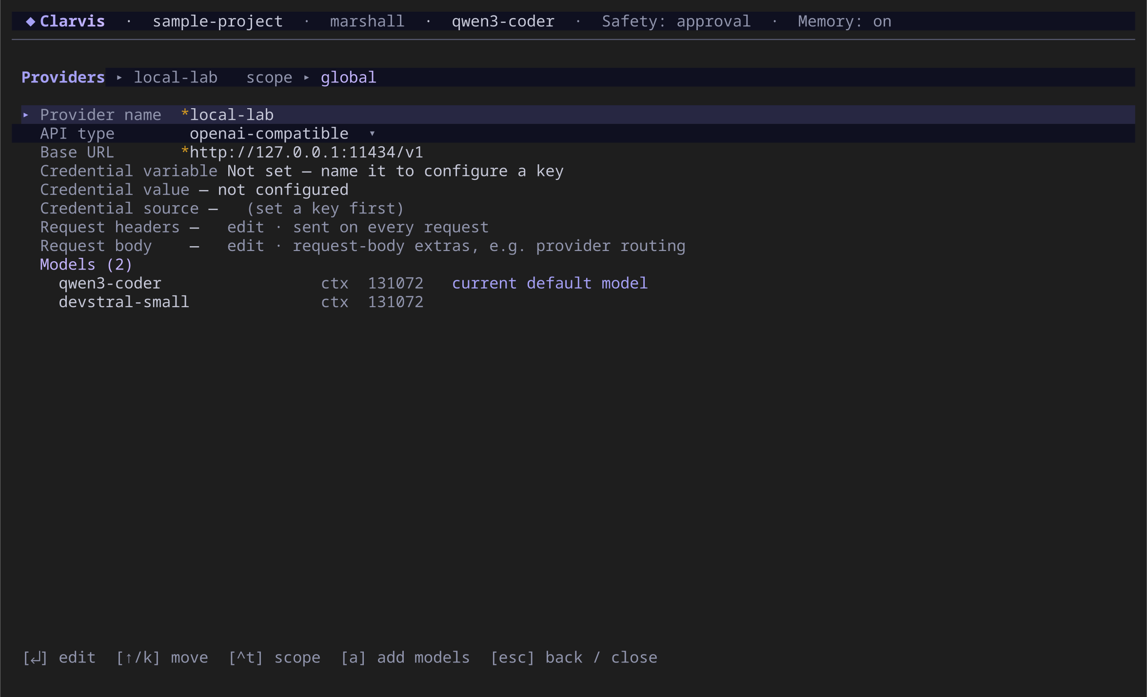 Provider detail screen with API type, base URL, credentials, request maps, and configured models