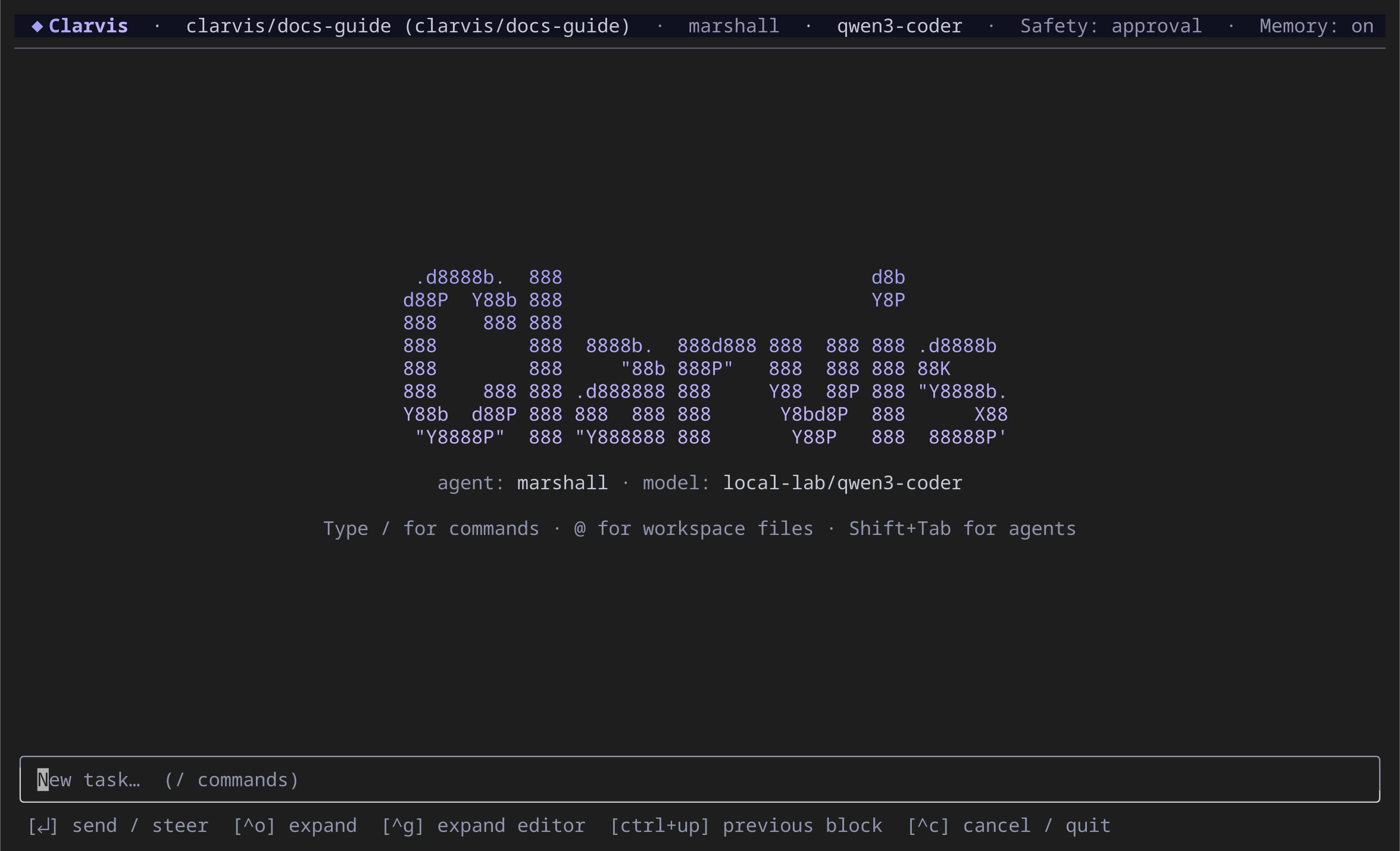 Tela inicial do Clarvis mostrando o worktree gerenciado e a branch clarvis/docs-guide no cabeçalho